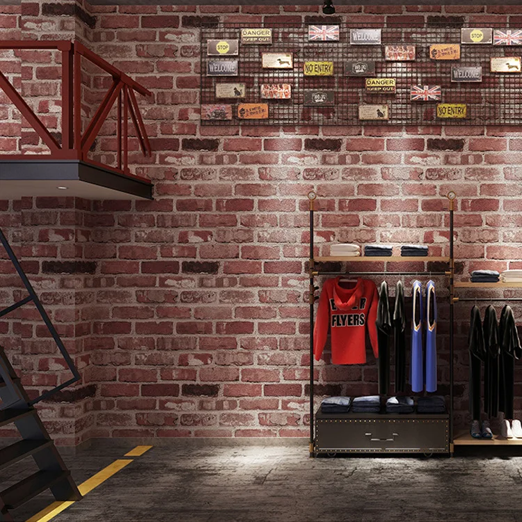 Retro Distressed 3d Brick Pattern PVC Wallpaper for Clothing Store Restaurant Barber Shop