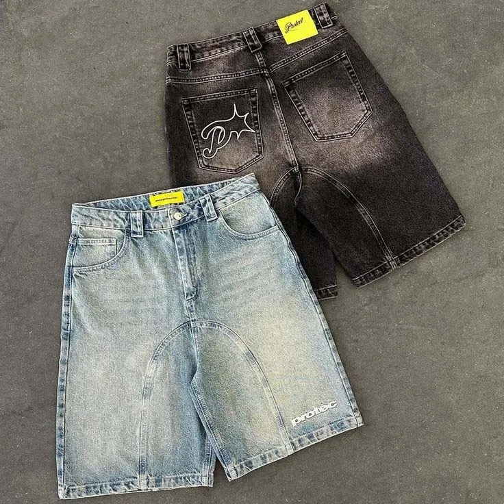 Embroidery Customized Sample Stone Washed Wide Balloon Leg Denim Shorts Baggy Fit Distressing Fade Denim Jorts Men