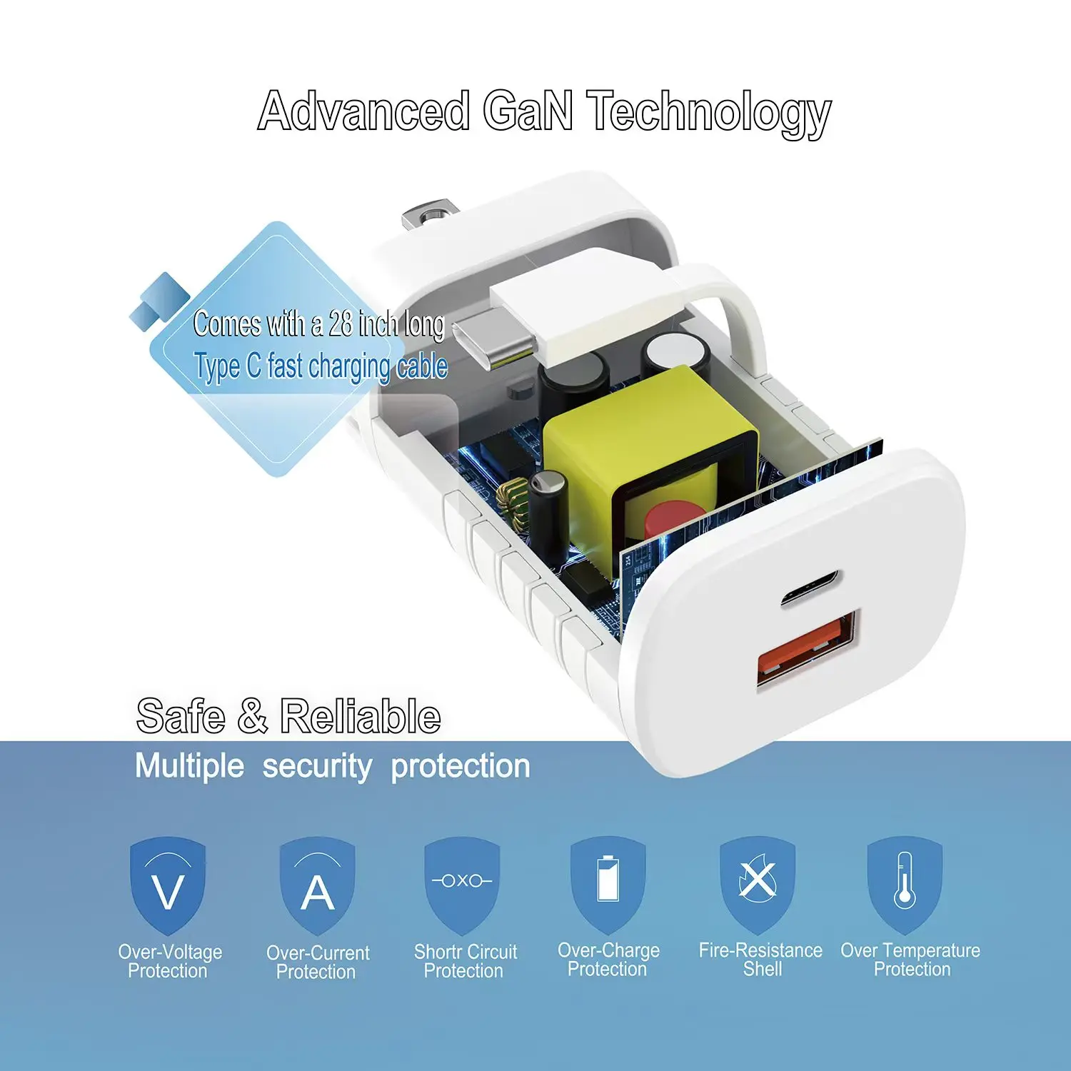 2025 New Products PD40W Wall Charger Built-in USB-A+C Ports and Type-C Cable  Multi-port USB Wall Charger  UUTEK I30