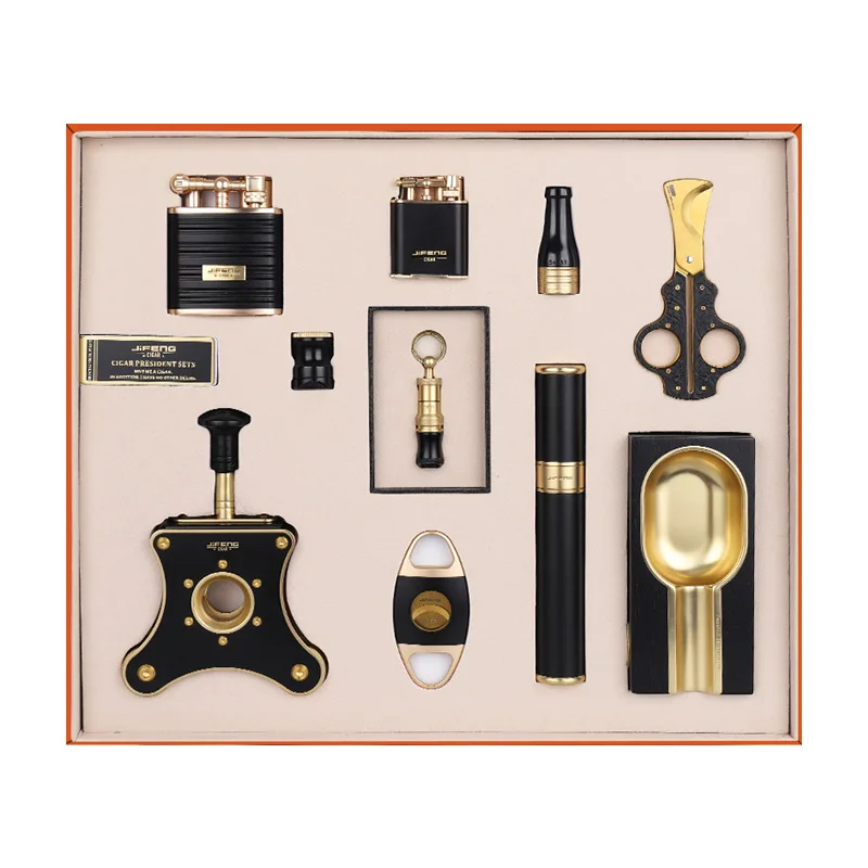 Custom Logo Cigar Accessories Gift Set Of Ten Pieces Lighter Cutter