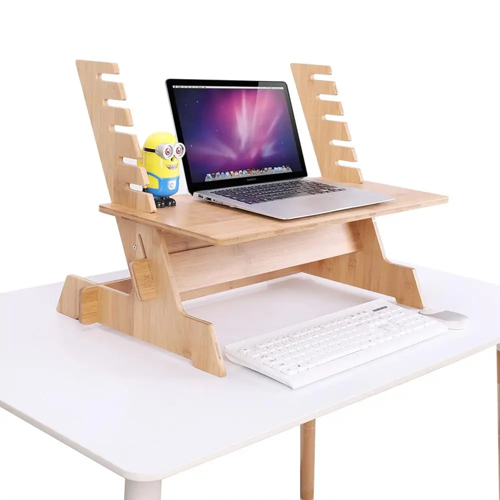 Adjustable Bamboo Wood Computer Desk Monitor Riser Stand Height Adjustment for Laptop