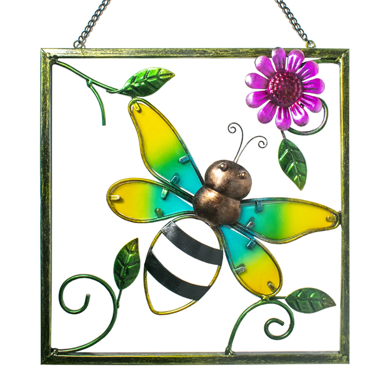 Bee Metal Wall Art Hanging, 3D Wall Glass Hanging Artwork for Indoor & Outdoor, Glass  Army Green