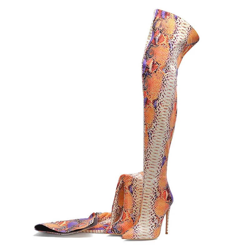 snake print high heel boots