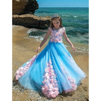 Boutique luxury elegant girl princess dress trailing embroidery blue sweet birthday flower girl princess dress