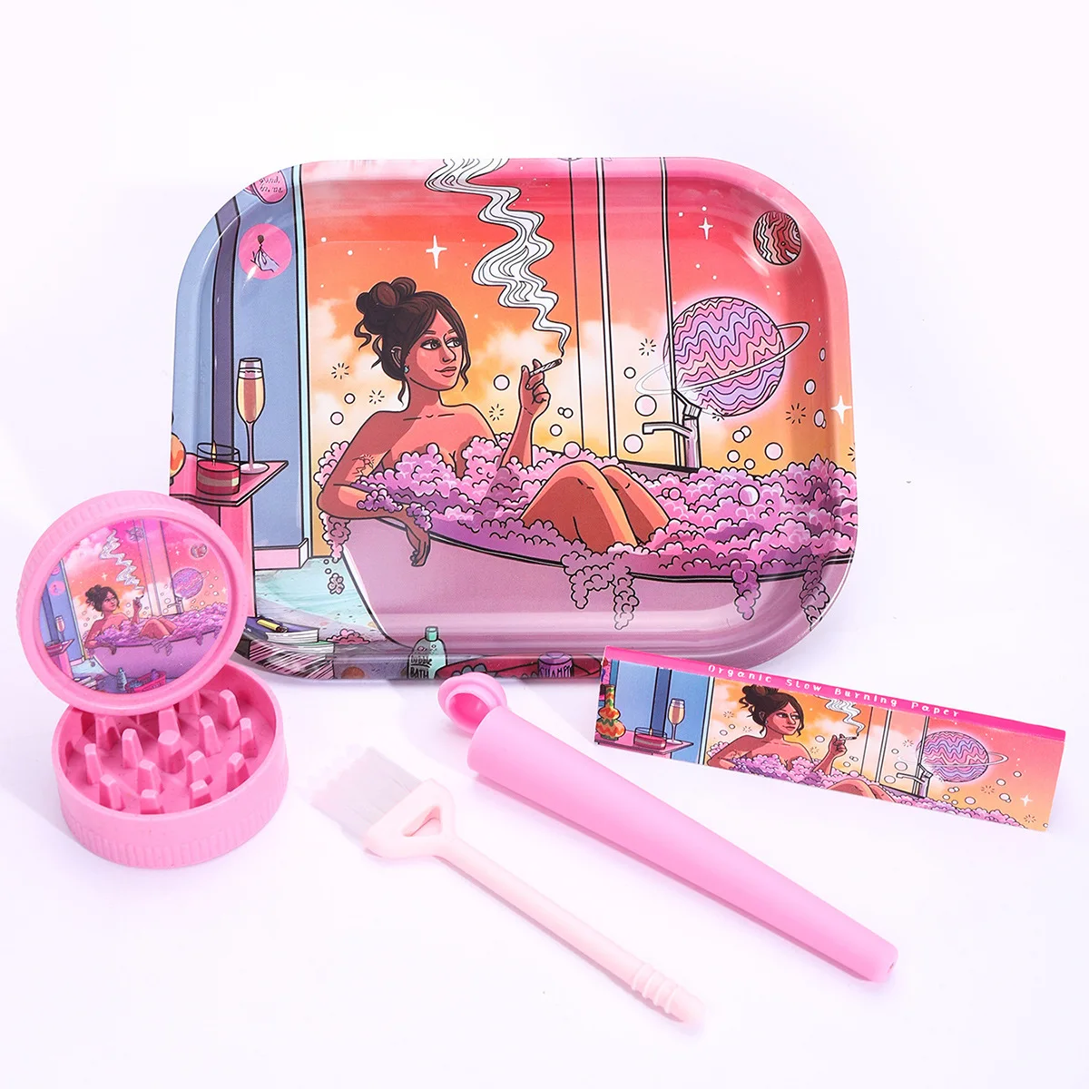5-Piece Set of Multi-Element Trays and Smoking Accessories Multiple Colors and Optional Plastic Grinders Pink Conical Tubes
