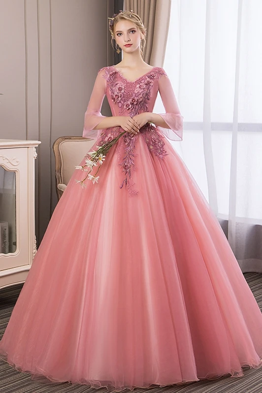 Modern Pink Floral Lace Wedding Gown With Appliques For Mother Of