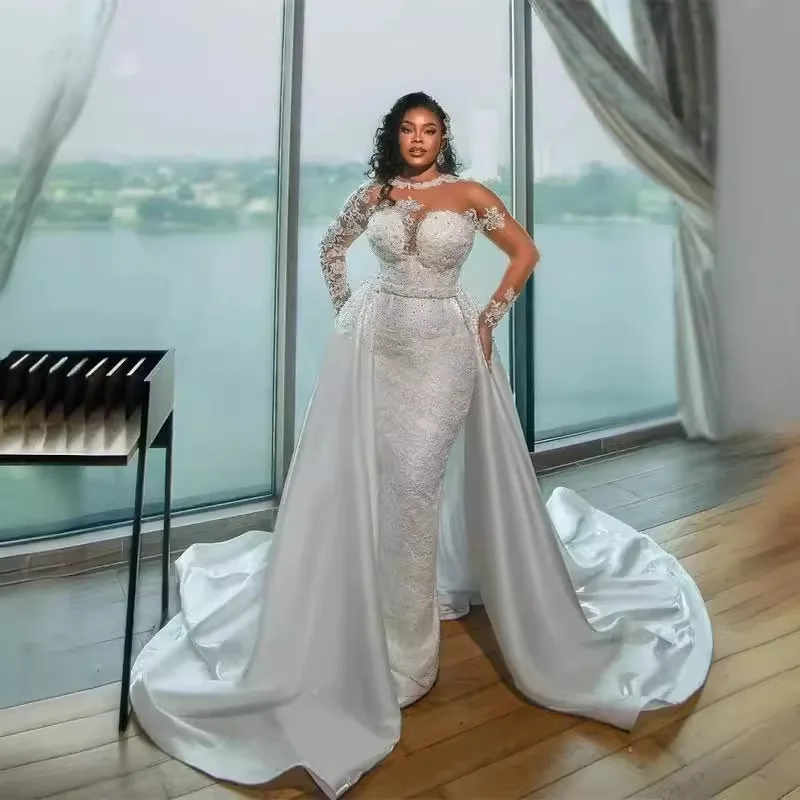 High Quality Bride Lace Appliqued Beaded Satin Mermaid Wedding Dress Long  Sleeves Detachable Trailing Bridal Ball Gown| Alibaba.com