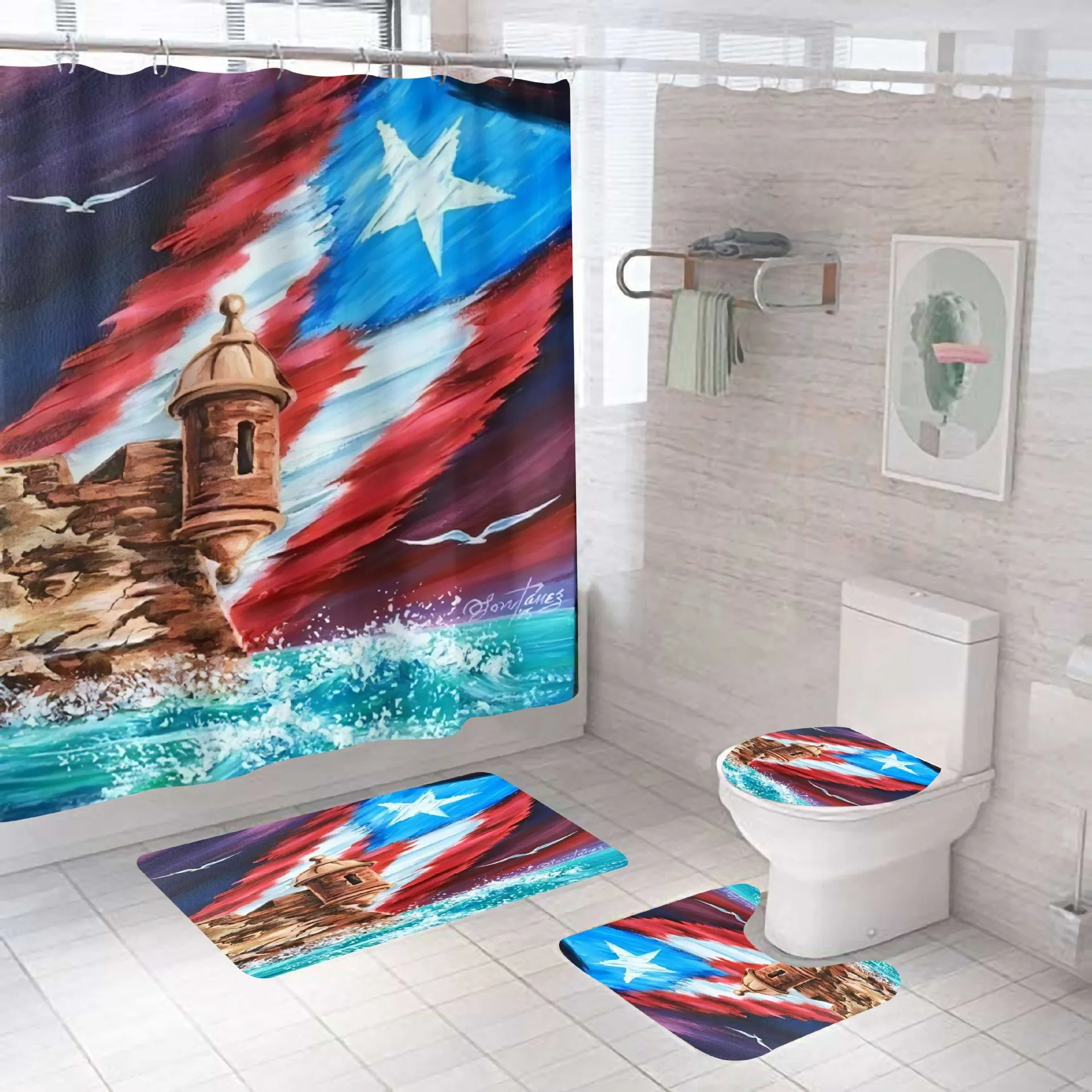 Puerto Rico Flag Rooster Rustic Souvenirs Shower Curtain Customized