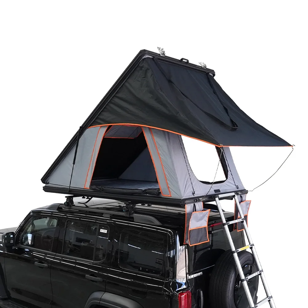 SITUVI Tente de toit en aluminium pour 2 personnes - Coque rigide pour la randonnée - Convient aux SUV et camions - Tente de toit triangulaire dorée portable - Ouverture automatique