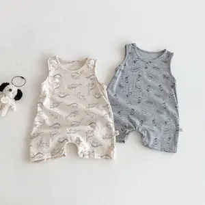 Children's Casual Sleeveless 100% Cotton Breathable Neck Jumpsuit Boys Girls Baby Rompers