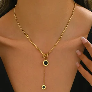 European American Explosions Roman Numerals Stainless Steel Necklace Temperament High Sense Niche Design Long Black Pendant