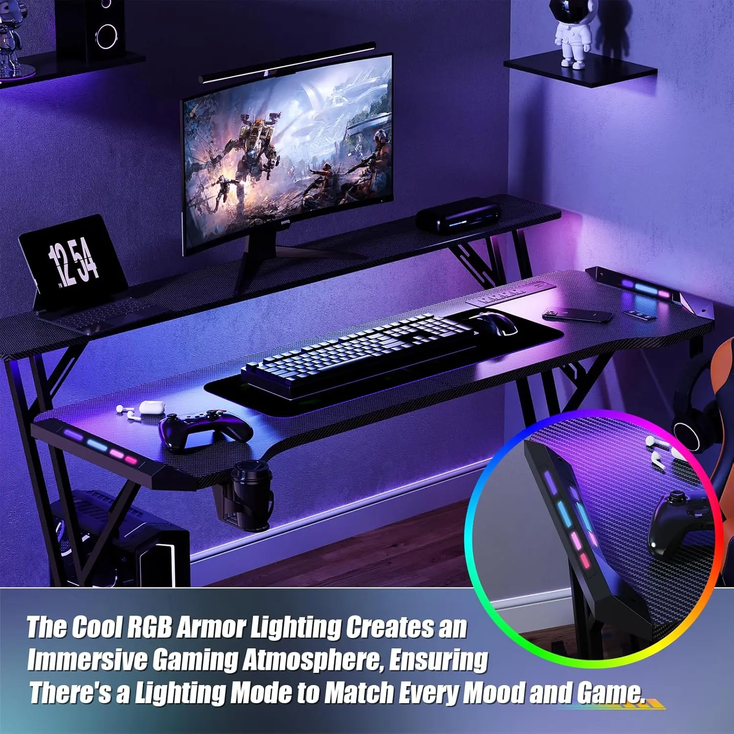 1.2/1.4/1.6M Ergonomic Computer PC Laptop LED Gamer Table Gaming Desk with LED RGB Atmosphere Lighting and Monitor Shelves