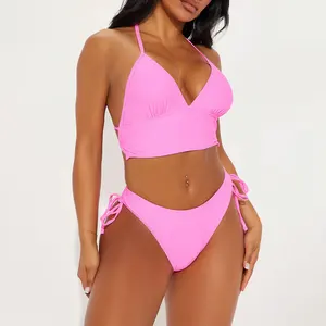 Huili Factory OEM Custom Print Side Ties Design Women's Swimwear Two Piece Ruched Detailing Beachwear Halter Neck Bikini Set