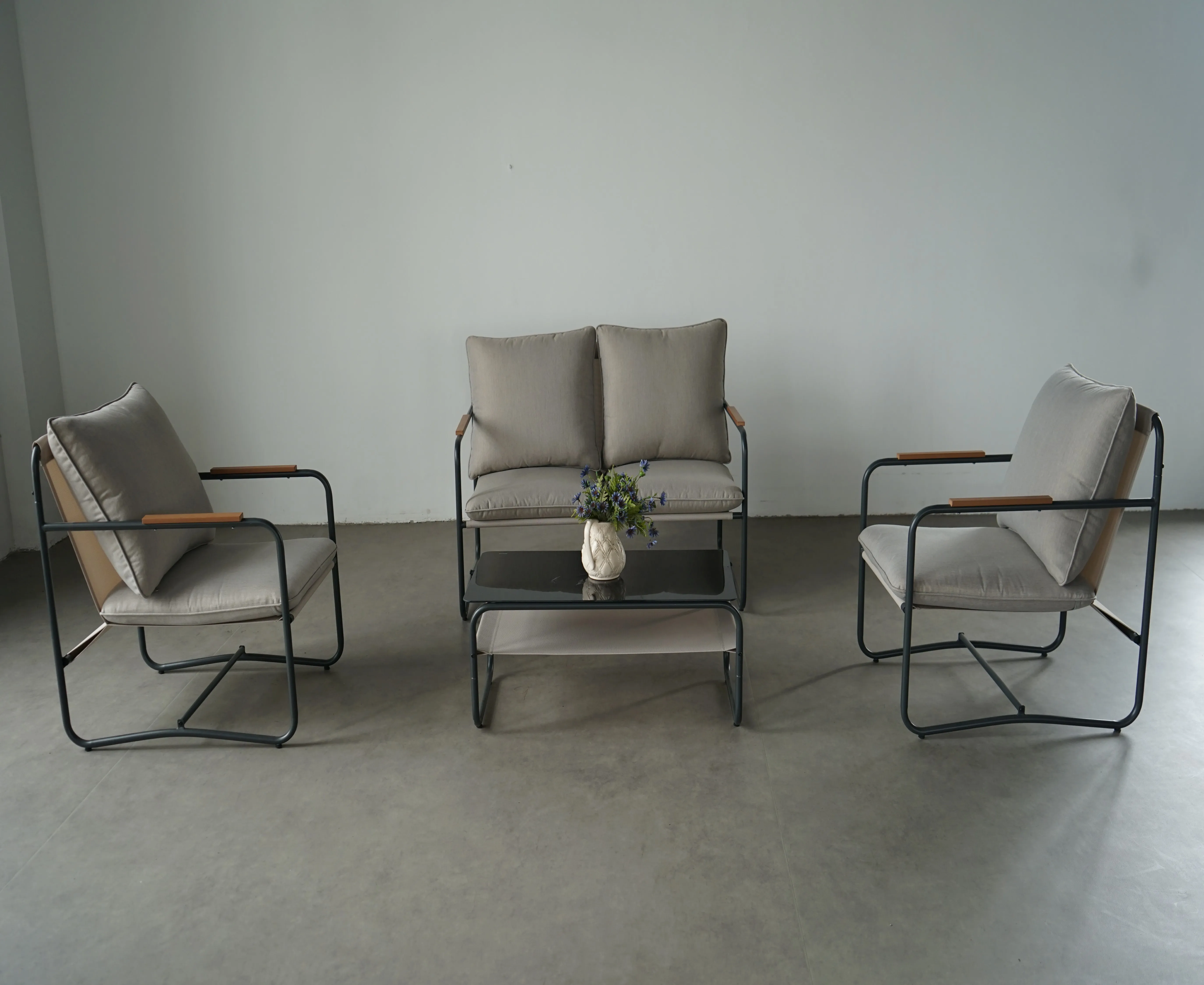 product modern aluminum outdoor sofa set with plush gray cushions and glass coffee table for patio relaxation-3