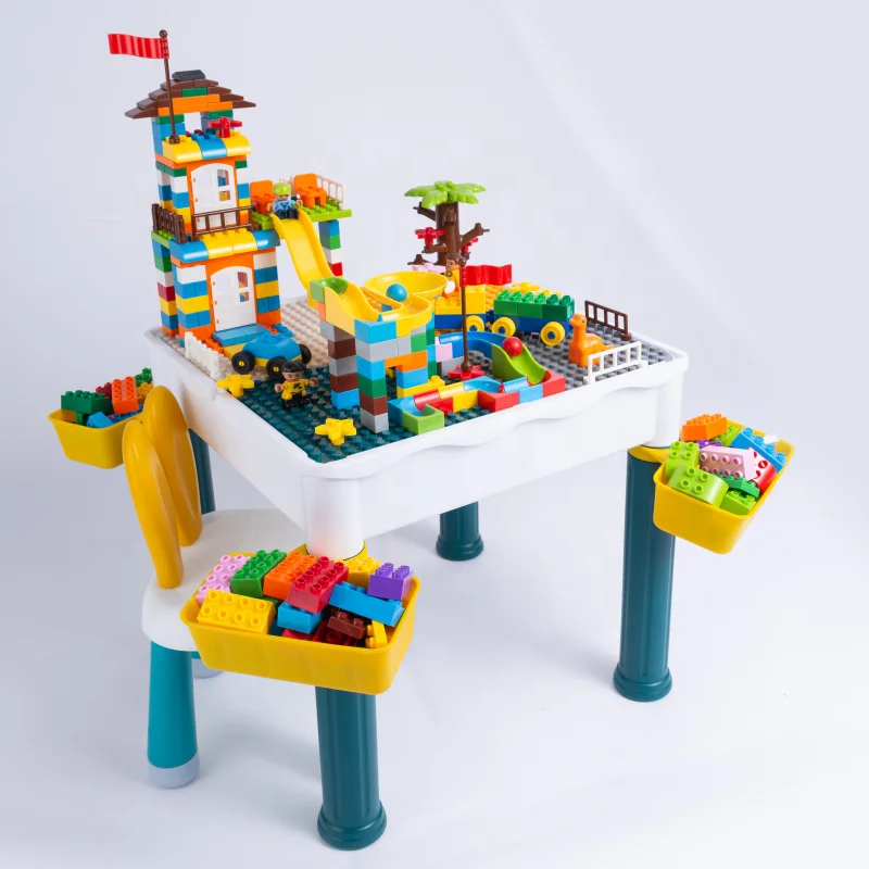Kids Multi Activity Table with 201pcs Large Building Blocks Educational Study Desk Learning Bricks Toys for Children
