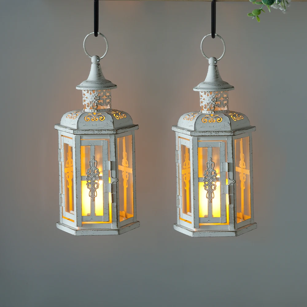 Vintage White With Gold Brush Candle Lantern Metal Lanterns For Christmas Wedding Large Lanterns (Not Include LED Candlle)_voghion.com
