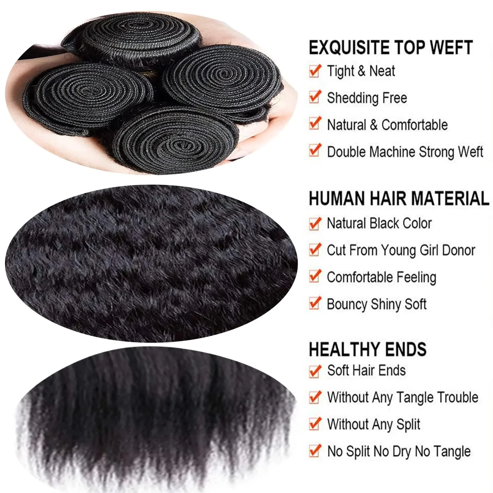 Cabelo humano liso Yaki brasileiro 12a, mechas crespas e lisas, cor natural, em promoção_voghion.com