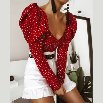 2021 Fall Crop Top Long Sleeve Sexy Ladies Red Polka Dot Printed V-Neck Bandage Puff Sleeve Blouse Tops Women Shirts Casual