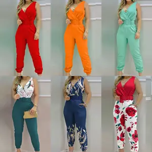 New Arrivals V-neck High Waist Backless Printed Jumpsuit Women Summer With Belt set