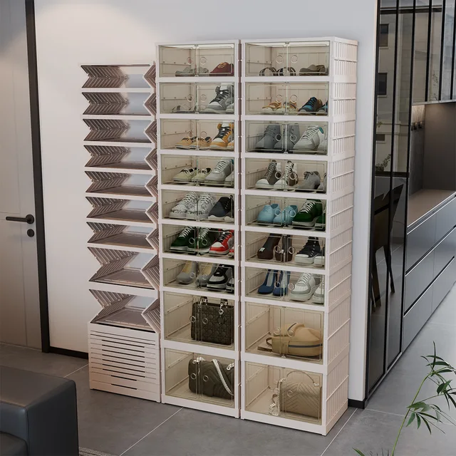 Modern Transparent Plastic Shoe Cabinet for Living & Bedroom Red Collection Sneakers Wall Rack & Box Storage