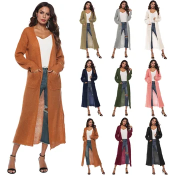 Wholesale women's trend cardigan cardigan sweater slit big pocket long thin multi-colored coat