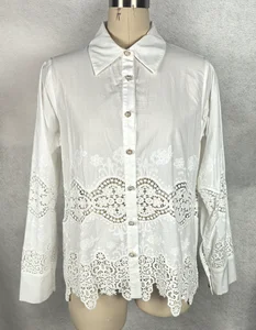 Women's White Vintage Casual Summer Breathable Lace Spliced Hollow Blouse Button Lapel Design French Afternoon Tea Party Light