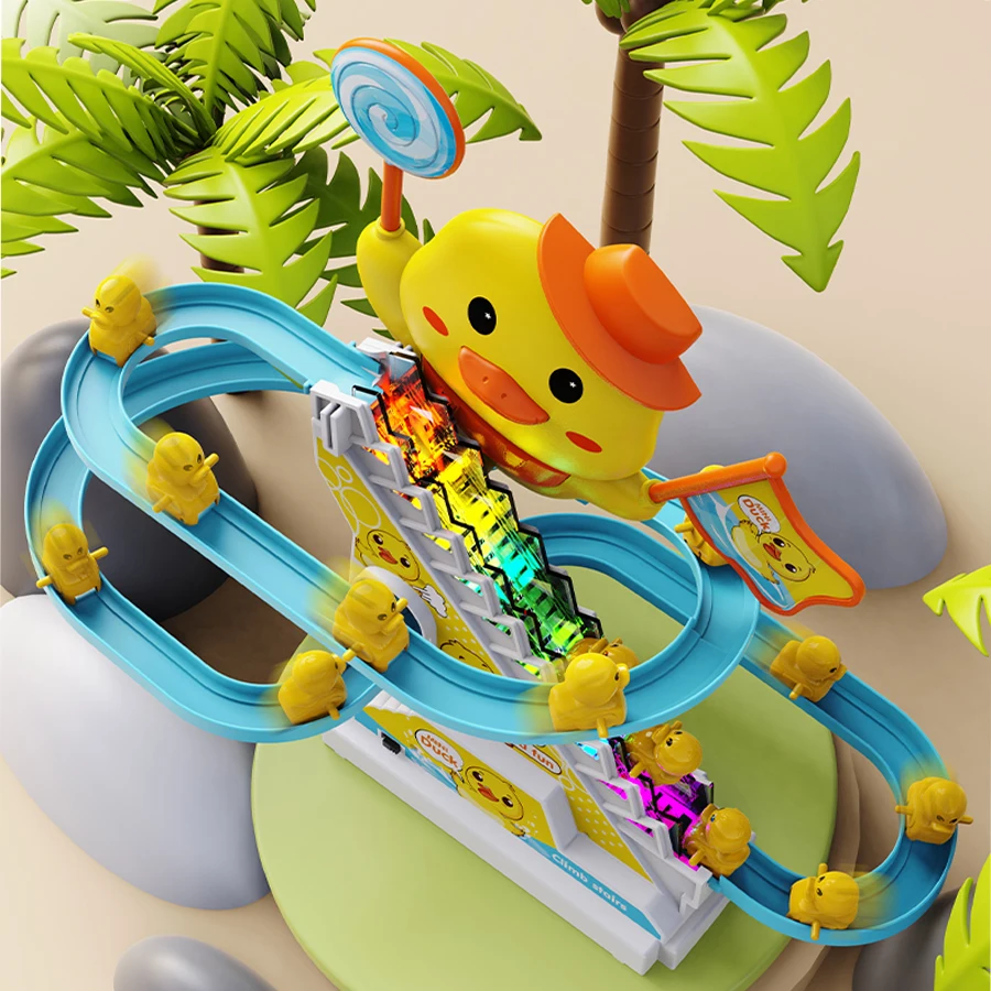 Children's Duck Climbing Stairs Toy Electric Track Automatic Stairs Duck Slide Light Music Puzzle Early Education Toy