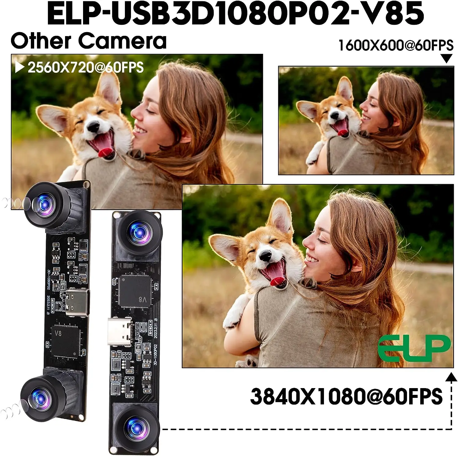 ELP Dual Lens 3D Stereo Webcam Module Synchronization 1080p 60fps High Speed PC Web Camera for Stereoscopic AI Computer Vision