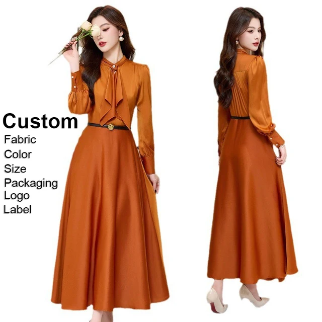 Custom Dresses Women Lady Elegant Autumn and Spring New Long Sleeves Scarf Collar A-line Dress With belt Adult women's dress