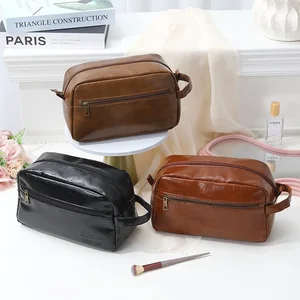 Custom Logo Mens Travel Bag Toiletries Organizer Case PU Leather Waterproof Cosmetic Bag Pouch Travel Multifunction Toiletry Bag