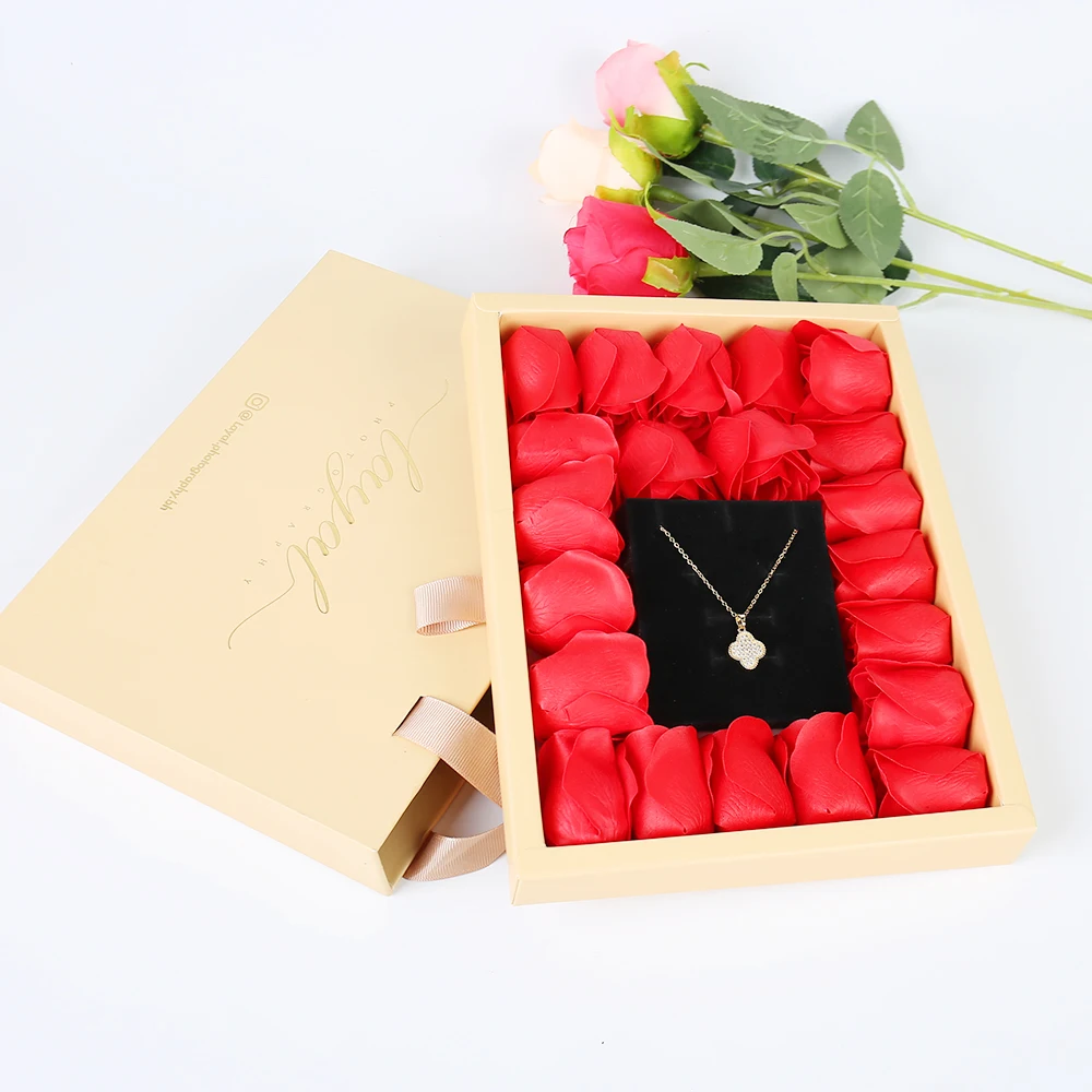 Custom Valentine's Day Gift Box Specialty Paper Jewelry Packaging Drawer Box with Ribbon Handle Rose Soap Rigid Box for Necklace factory