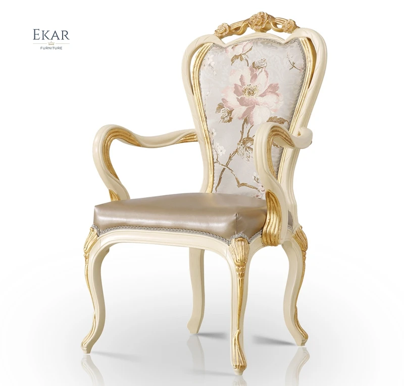 Antique Dining Chair Carved with Armrest or Without Armrest Dining Chair Fabric Antique Upholstered Wooden Leather Dinning Room