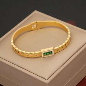 New Low MOQ Gold Plated Stainless Steel Jewelry Luxury  Rectangular Geometric Green Inlaid  Temperament Female Cuff Bracelet