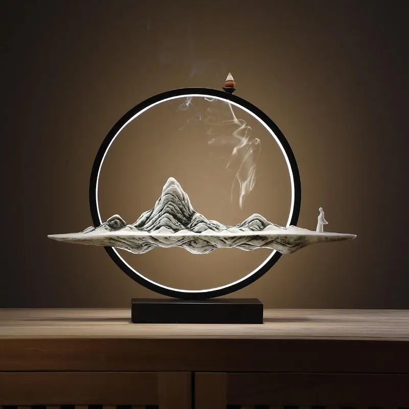 LED Ceramic Incense Backflow Censer Smoke Waterfall Holder Backflow Incense Burner for Home Office Desk Decor