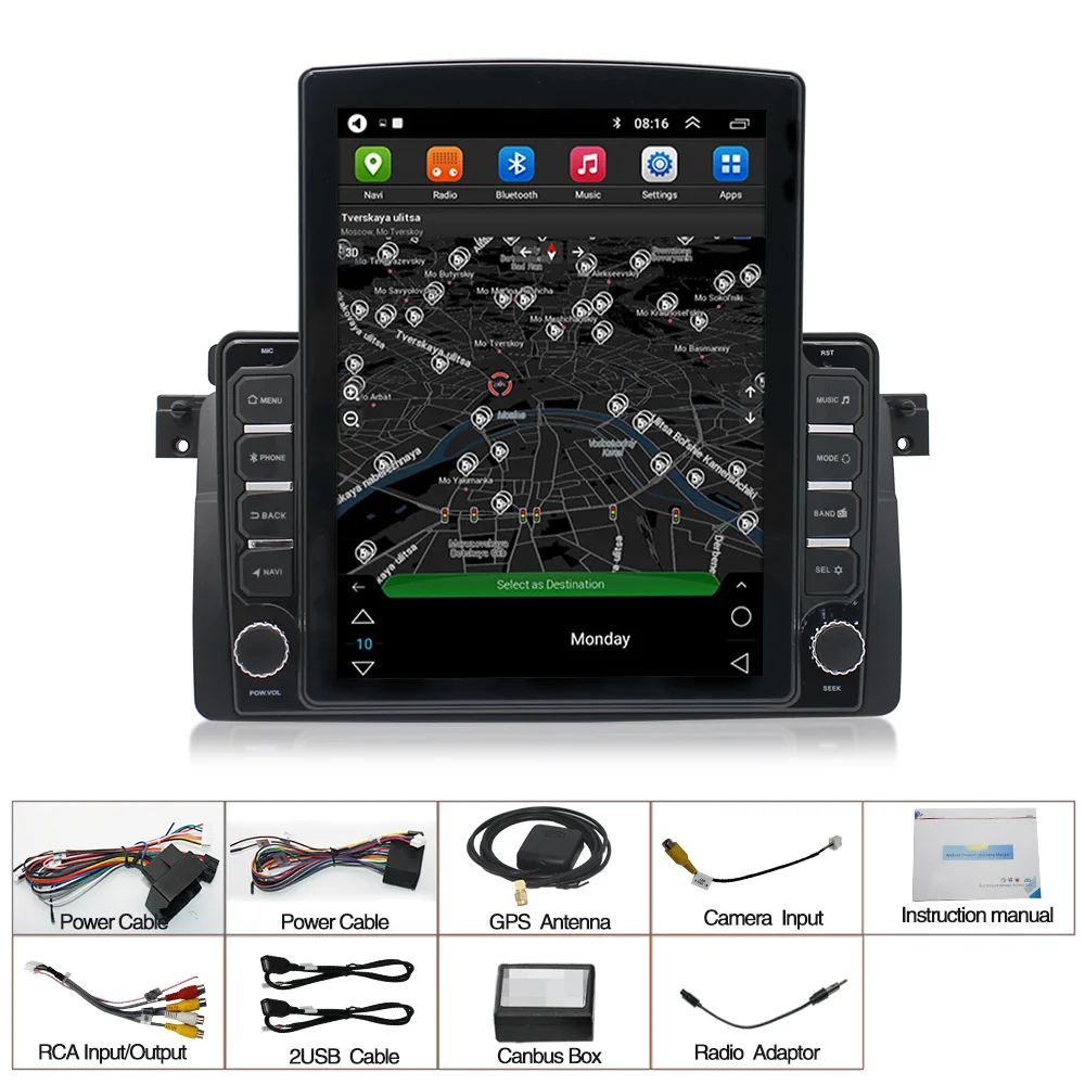 Автомобильный видеопроигрыватель e46 с сенсорным экраном 9,7 дюйма, мультимедийный проигрыватель, головное устройство в стиле tesla, gps-навигация, android для головного блока bmw e46