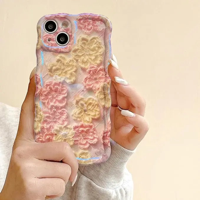 Laudtec Cute Beige Hearts Retro Oil Painting Case for iPhone 16 promx Curly Wave Edge Glitter Shockproof Protective Slim Case factory