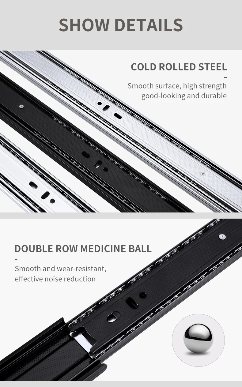 45mm White Zinc 3 Fold Metal Dotted Drawer Slide Track Quiet Ball