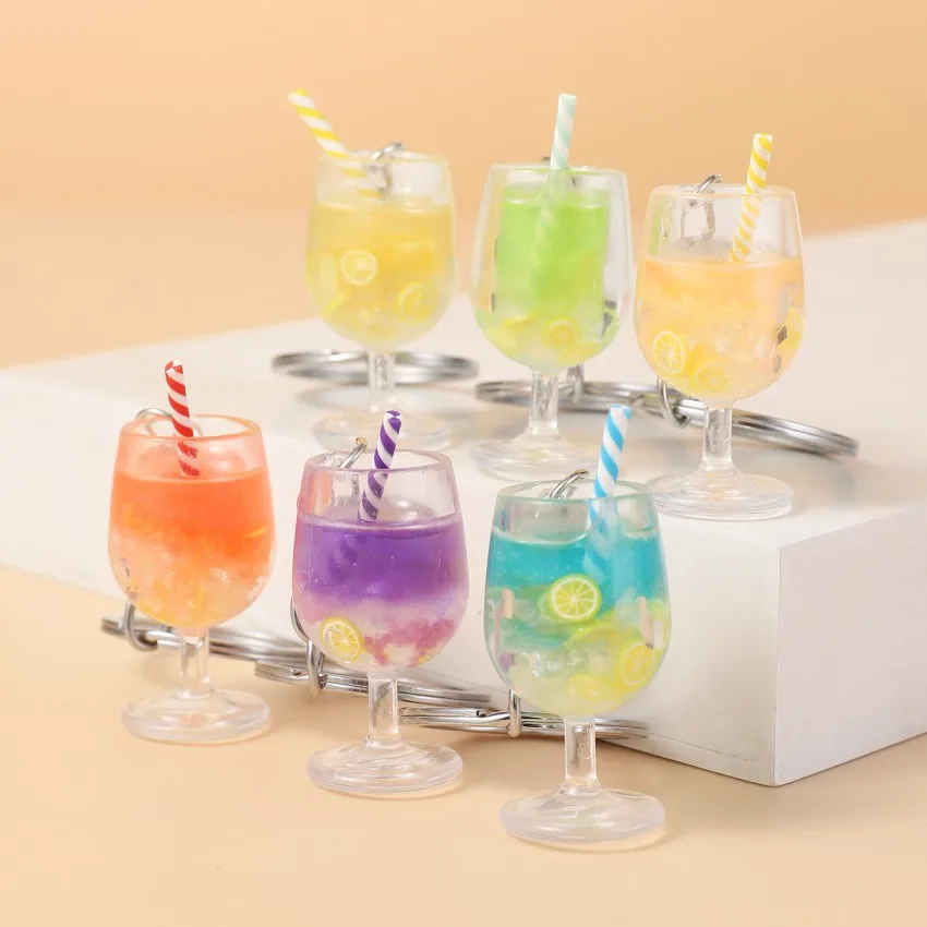 Creative Glow-in-the-Dark Plastic Simulation Fruit Goblet Keychain Colorful Straw Lemon Slice Drink Keychain