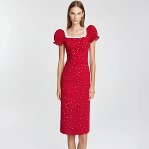 Custom Red Polka Dot Dress with Puff Sleeves 100% Polyester Women's Fitted Midi Dress