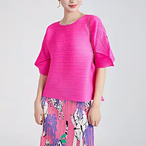 Miyake Women's Pleated Shirt Short Sleeve Casual Loose Fashion Top for Spring Made From Fabric