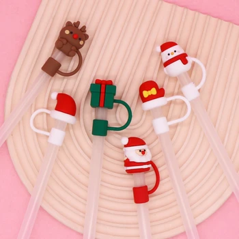 Xmas Themed Cute Cartoon Dustproof Straw Topper Santa Claus Christmas Party Decor Silicone Straw Caps for 8-10mm Drinking Straws