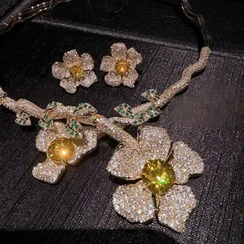 Austria Vintage 18K Gold Plated Fine Jewelry Set Elegant Anniversary Flower Gem Vine Necklace with Rich Zircon Earrings