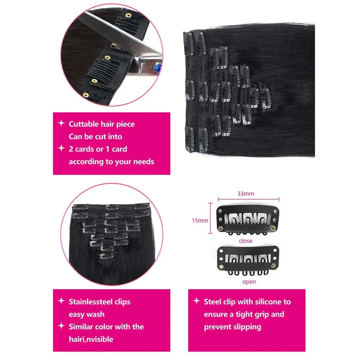 Brasilianische Remy-Echthaar-Extensions, voller Kopf, 8 Stück, weicher Clip in natürlicher Farbe_voghion.com