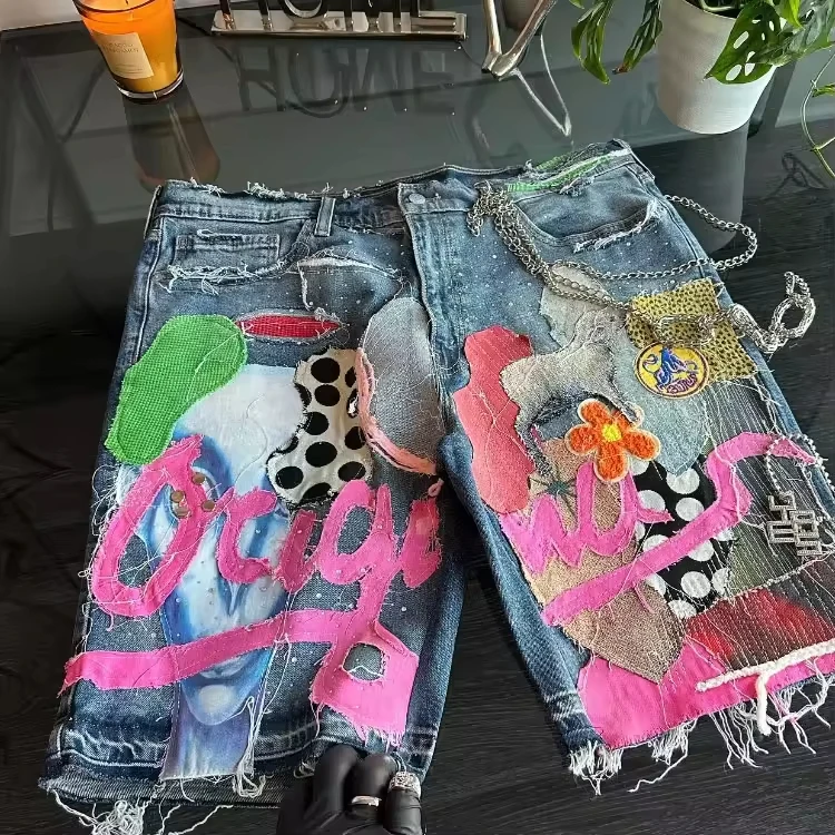 Salati Streetwear Summer Acid Washed Shorts Men Custom Jeans Vintage Pour Hommes Applique Jorts gallery 3