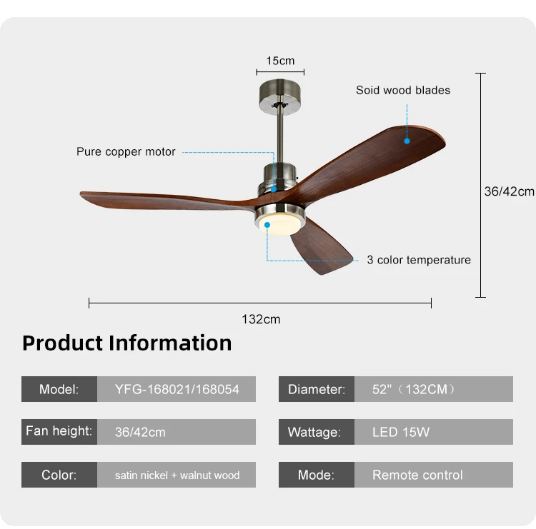 52 Inch Three Blade Solid Wooden Nordic Modern Ac China Led Ceiling Fan With Light