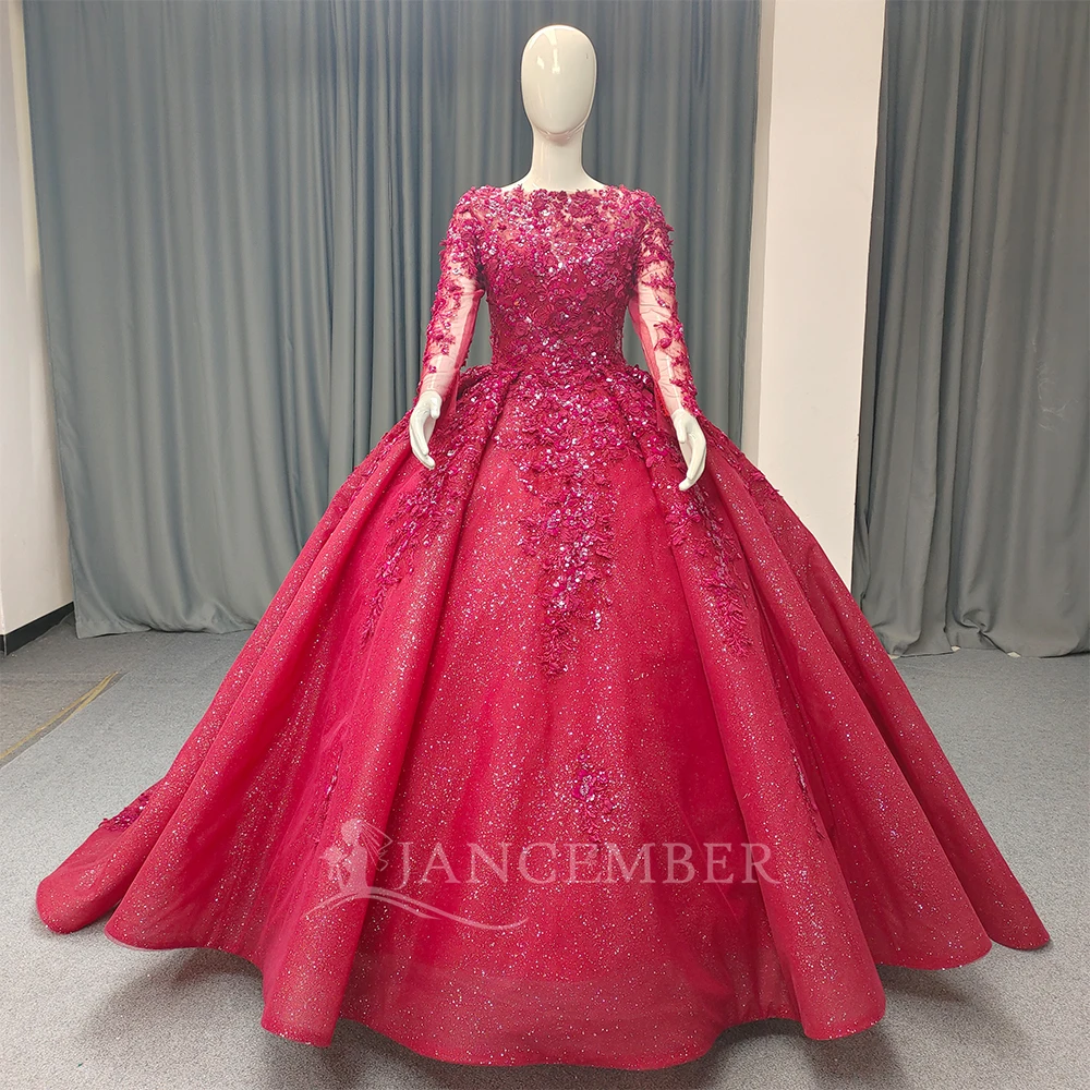 Lsany212 Luxury Muslim Arabic Long Sleeves Beaded Crystal Engagement Dress Ball Gowns Wedding Dresses Jancember