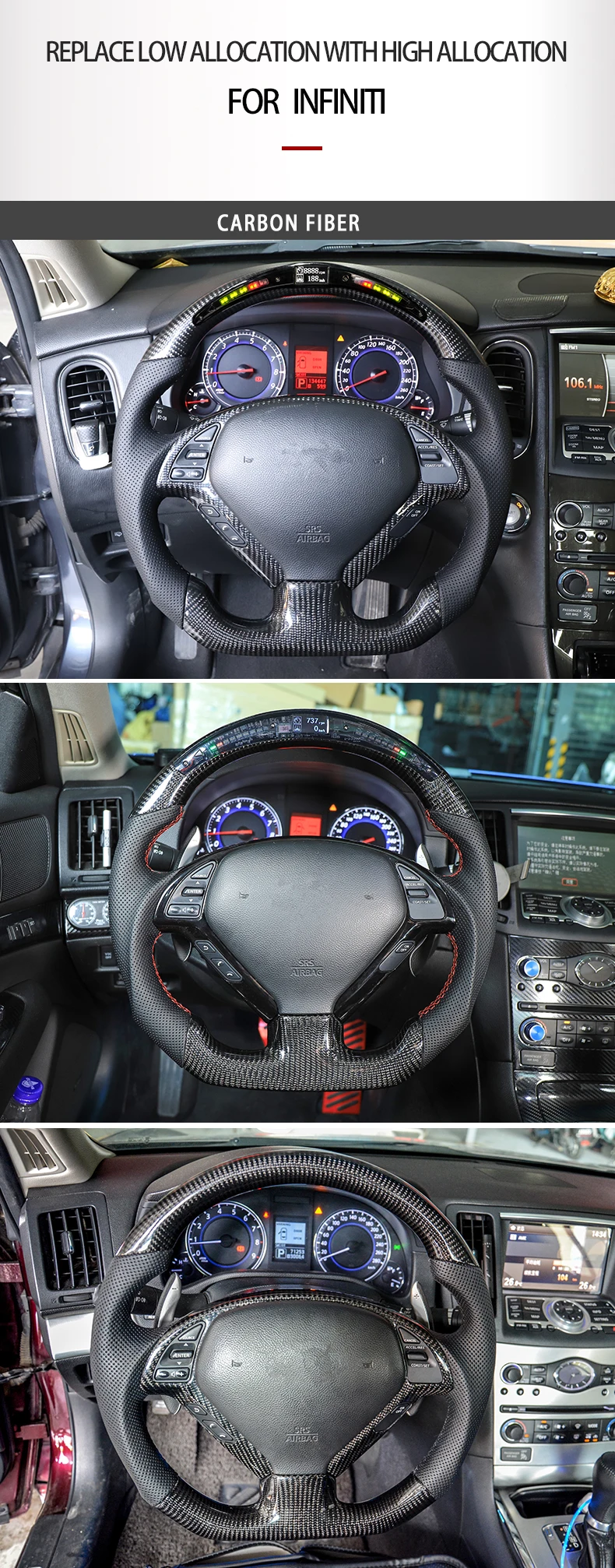 Custom Alcantar Carbon Fiber Steering Wheel For Infin Iti G25 G37 G35