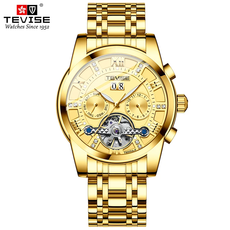 High Quality Fashion Gold Wrist Luxury Mens Tourbillon Custom Logo TEVISE  Watch for Men Case Yellow Waterproof
