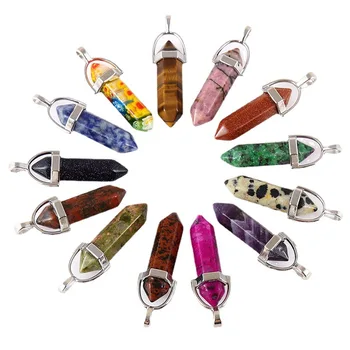 Wholesale Natural Stone Crystal Pendants Carved Agate Hexagonal Bullet Head Necklace Love Theme Gemstone Accessories
