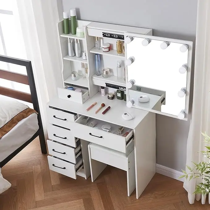 Vanity Desk Dressing Table With LED Lighted Mirror and Cushioned Stool